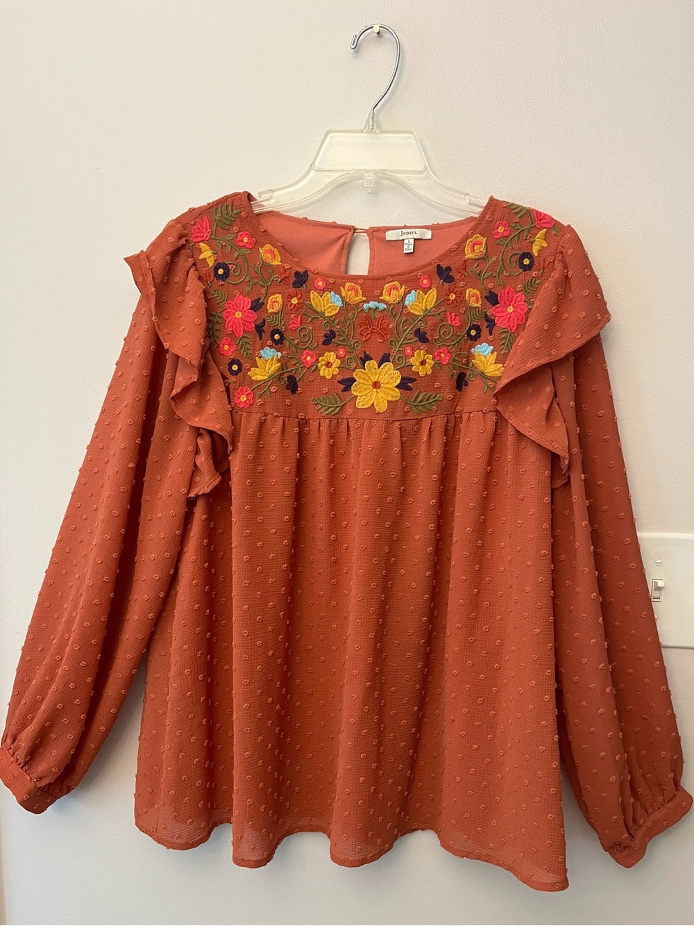 JODIFL Boho Burnt Orange Textured Floral Ruffle Long Sleeve Blouse Size L